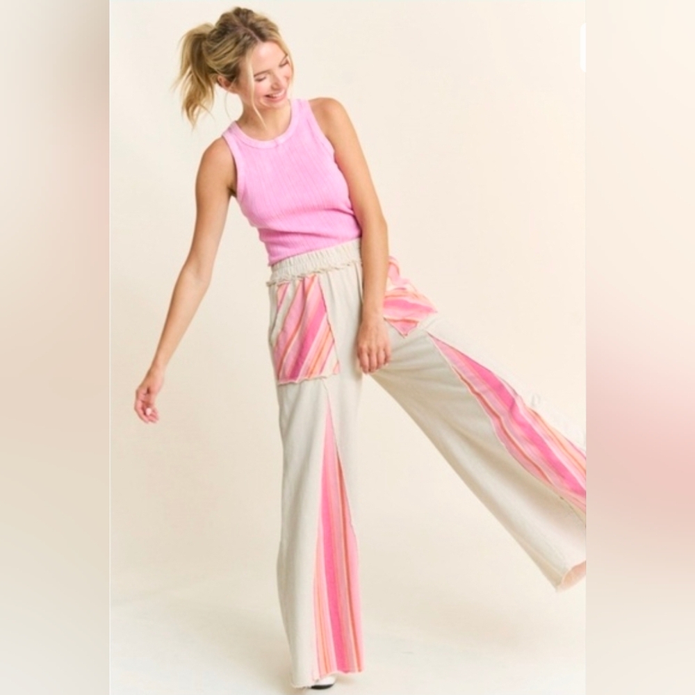 Take A Walk With Me Natural Mineral Wash Striped Detail Flare Pants - Picture 2 of 5